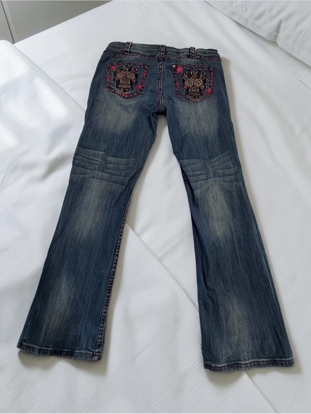 Cowgirl Tuff Dark Wash Flare Jeans with Sugar Skull Embroidery Back Pockets